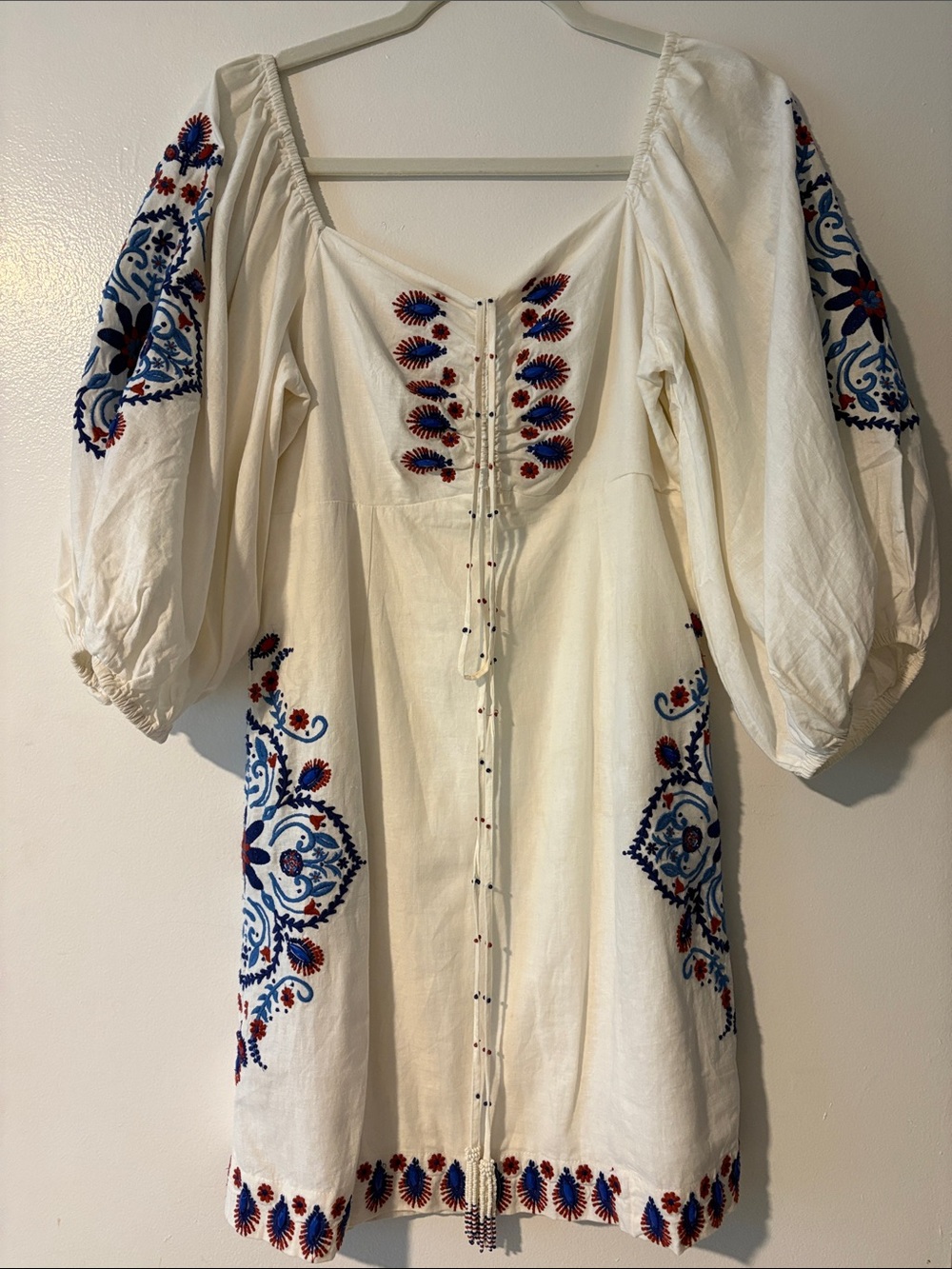 FARM Rio Cream Embroidered Mini Dress with Blue & Red Accents-.s-